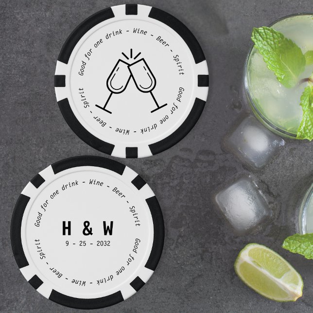 Fichas De Póquer Moderno Boda de champán de bollo blanco negro (Modern Black White Drink Voucher Champagne Wedding Poker Chips)