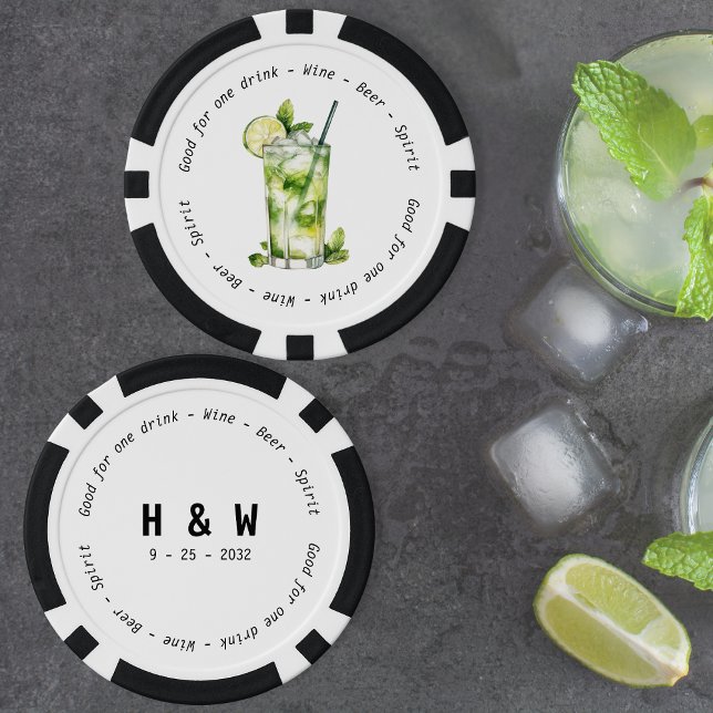 Fichas De Póquer Moderno Boda de cupón blanco mojito blanco negro (Modern Black White Mojito Drink Voucher Wedding Poker Chips)