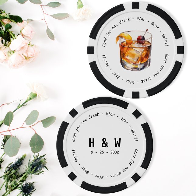 Fichas De Póquer Moderno Boda de cupón para tomar cócteles blancos  (Modern Black White Cocktail Drink Voucher Wedding Poker Chips)
