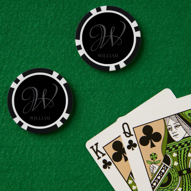 Fichas De Póquer Monograma de gris negro personalizado inicial (Mesa de Poker (Doble))