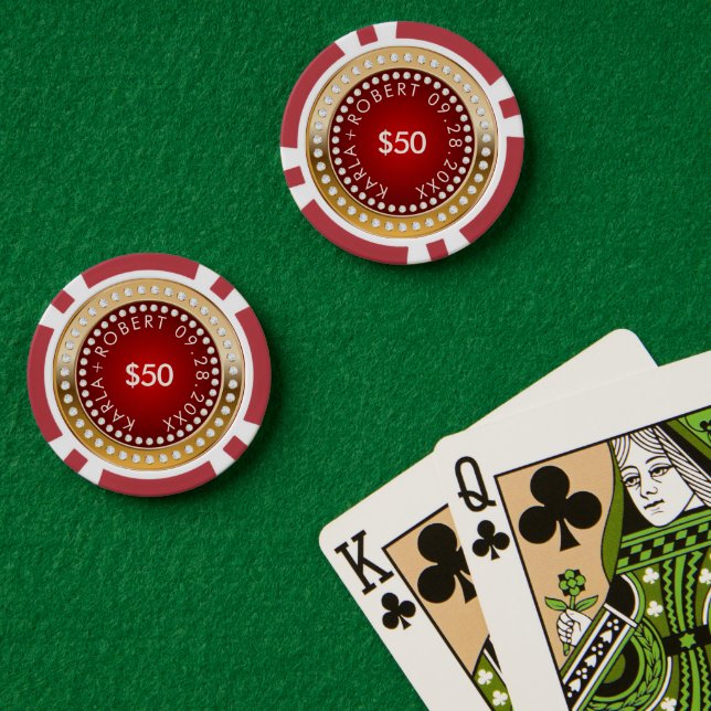 Fichas De Póquer Monograma de oro y diamantes blancos rojos (Mesa de Poker (Doble))