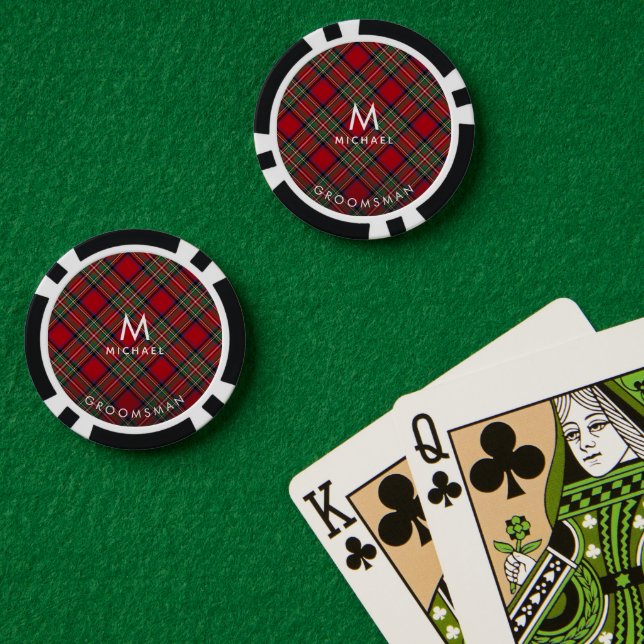 Fichas De Póquer Monograma de Tartán Groomsman rojo (Mesa de Poker (Doble))