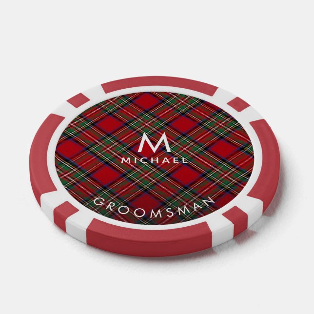 Fichas De Póquer Monograma Rojo Stewart Tartan Groomsman (Soltero)