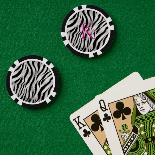 Fichas De Póquer Monograma rosa de cebra blanca y negra elegante (Mesa de Poker (Doble))
