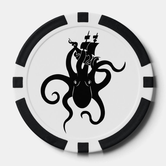 Fichas De Póquer Monstruo marino: Kraken blanco y negro con barco (Anverso)