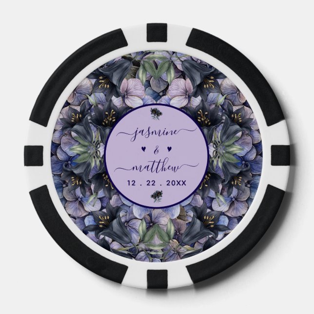 Fichas De Póquer Moody Black Floral Classic Couple Names Wedding (Anverso)