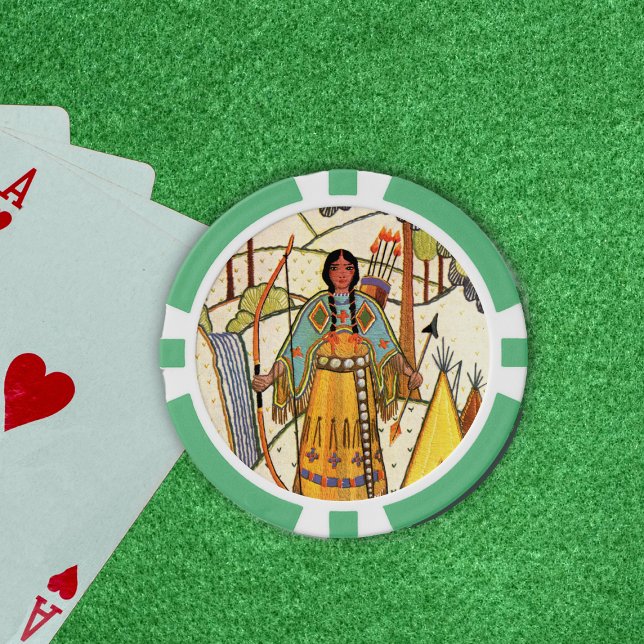 Fichas De Póquer Mujer nativa norteamericana dobla la cascada de ár (Native American lady traditional clothes bow arrow under with trees on embroidered look poker chips.)