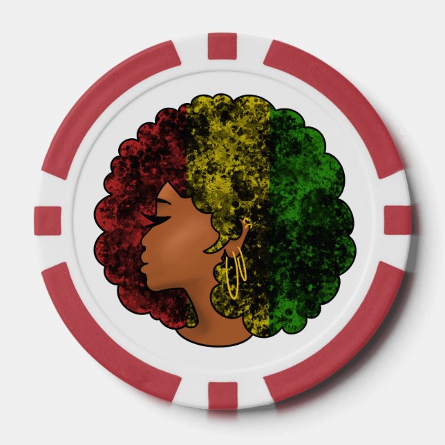 Fichas De Póquer Mujer negra rasta afro rojo amarillo verde  (Anverso)