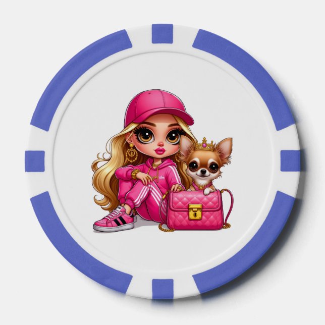 Fichas De Póquer Muñeca de moda rosa y manta de felpa para cachorro (Anverso)