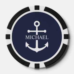Fichas De Póquer Nautical Navy Blue Anchor Nombre Personalizado