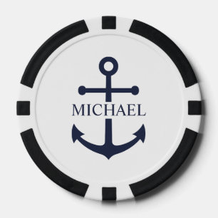 Fichas De Póquer Nautical Navy Blue Anchor Nombre Personalizado