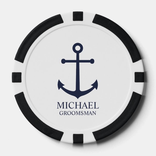 Fichas De Póquer Nautical Navy Blue Anchor Personalizado Groomsmen (Anverso)
