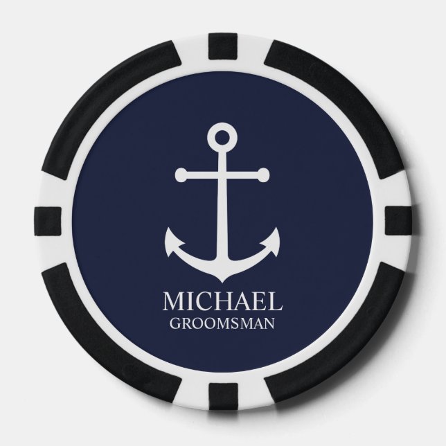 Fichas De Póquer Nautical Navy Blue Anchor Personalizado Groomsmen (Anverso)