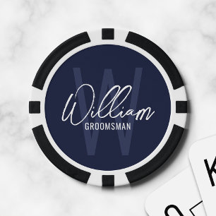Fichas De Póquer Navy Blue Modern Script Personalizado Groomsmen