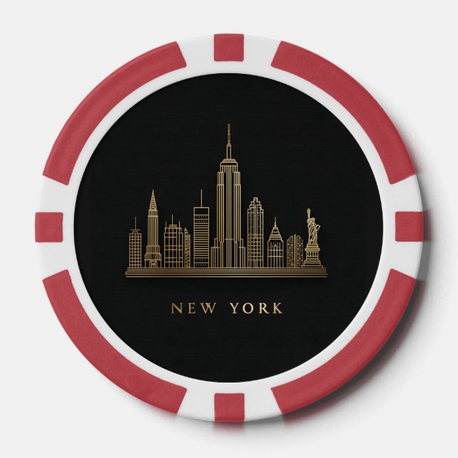 Fichas De Póquer New York City Skyline Gold Line Art (Anverso)