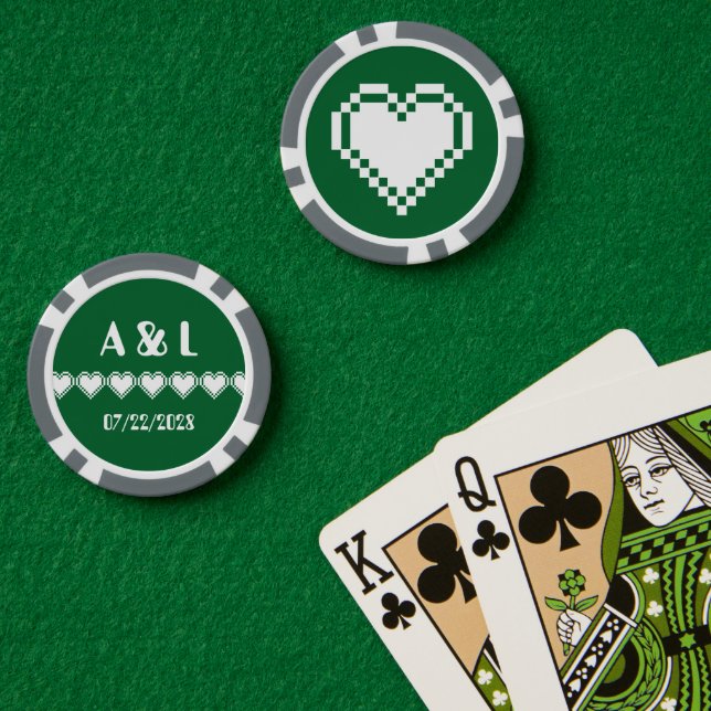 Fichas De Póquer Nuestros corazones de 8 bits en verde (Mesa de Poker (Doble))