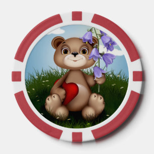 Fichas De Póquer Oso sosteniendo ramo de flores-30926