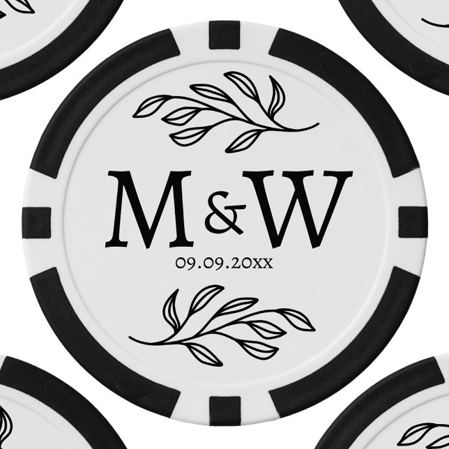 Fichas De Póquer Pareja boda Monograma Fecha Elegante Botánico (Wedding couple monogram initials and date personalized botanical poker chip)