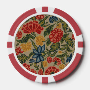 Fichas De Póquer Patrón Floral de Crewel Rojo y Dorado Antiguo