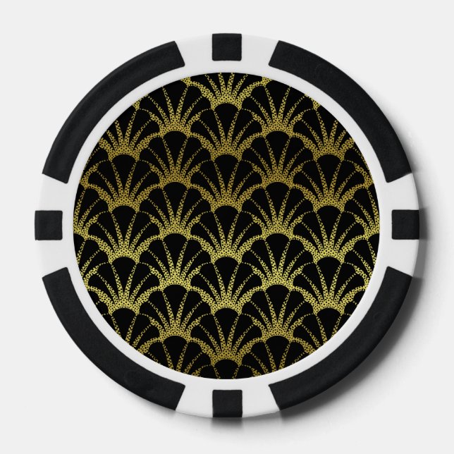 Fichas De Póquer Patrón Retro Art Deco Black / Gold Shell (Anverso)