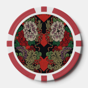 Fichas De Póquer Patrón Rojo Negro Floral Japonés Vintage Peonía