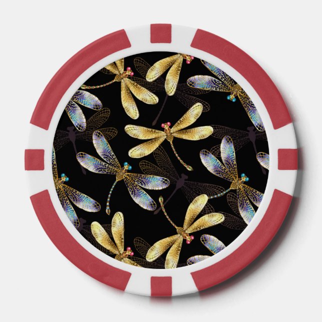 Fichas De Póquer Patrón sin foco con Dragonflies dorados (Anverso)