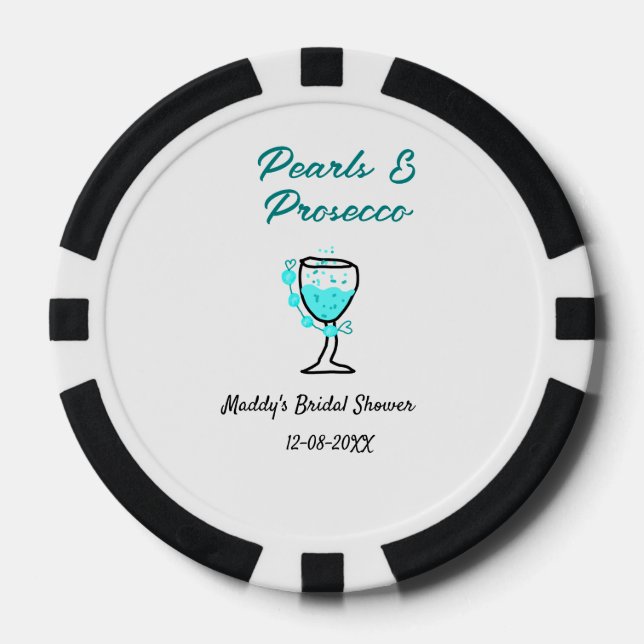 Fichas De Póquer Pearls and prosecco bridal shower blue black name  (Anverso)