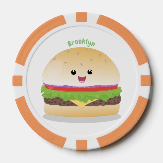 Fichas De Póquer Personalizado de hamburguesa kawaii feliz (Anverso)
