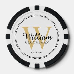 Fichas De Póquer Personalizado Groomsman Blanco Monograma Dorado
