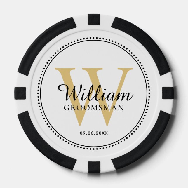 Fichas De Póquer Personalizado Groomsman Blanco Monograma Dorado (Anverso)