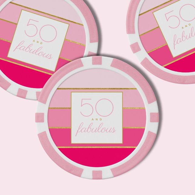 Fichas De Póquer Pink & Gold 50 moderno y fabuloso cumpleaños (50 and fabulous, pink and gold striped custom poker chips for 50th birthday party celebrations.)