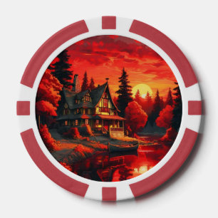 Fichas De Póquer Pintura de atardecer con cabaña y lago-66633