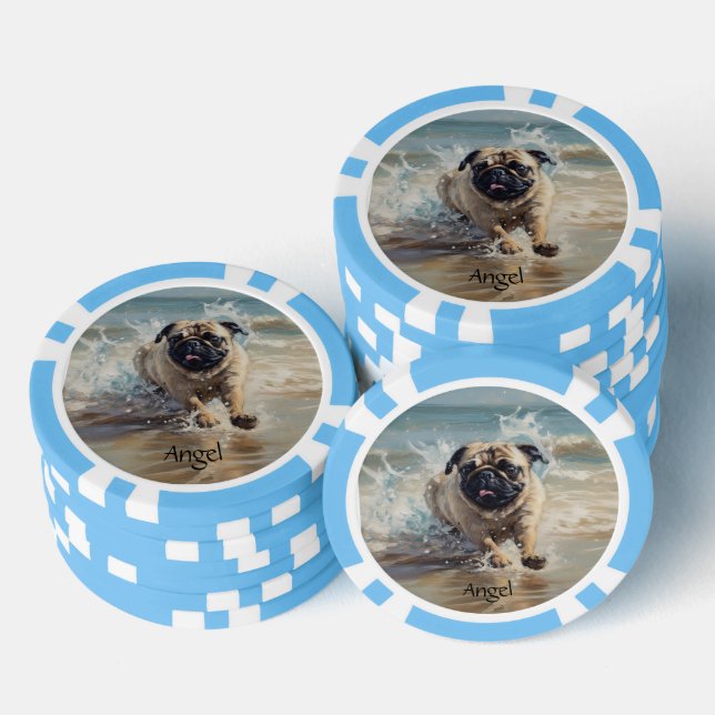Fichas De Póquer Pug feliz en el personalizable de la playa (Pila)