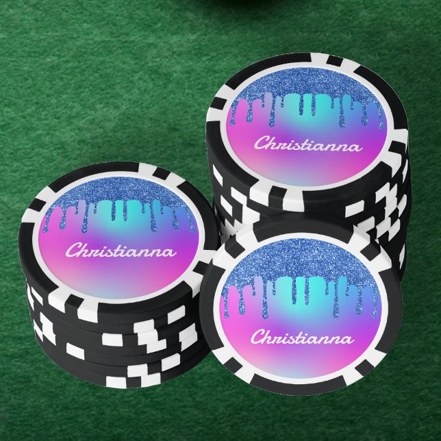 Fichas De Póquer Purpurina azul goteo Fluorescente Neón rosa y Púrp (Blue Glitter Drip Fluorescent Neon Pink & Purple Poker Chips)
