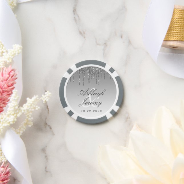 Fichas De Póquer Purpurina Drip Sparkle Ombre Script Silver Boda (Boda)