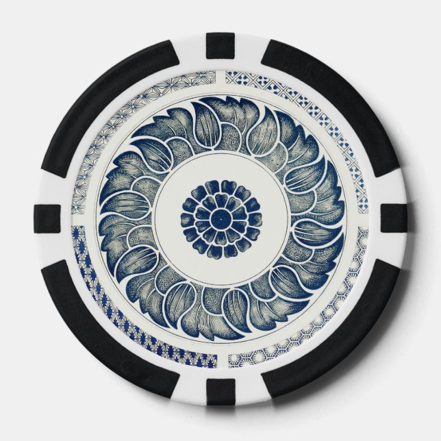 Fichas De Póquer Ronda azul blanca floral china (Anverso)