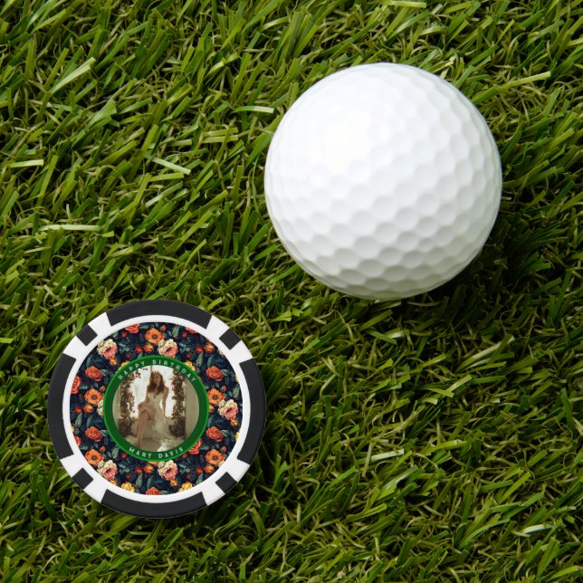 Fichas De Póquer Rosa Personalizada Floral Feliz Cumpleaños (Marcador de pelotas de golf)