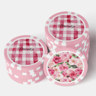 Fichas De Póquer Rosas y blancas a cuadros rayas femeninas