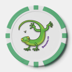 Fichas De Póquer Saludos felices de gecko verde lindo con personali