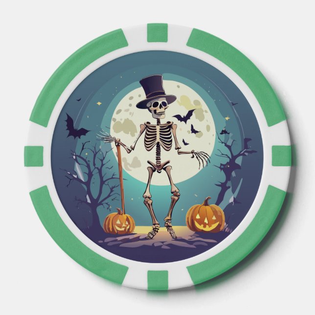 Fichas De Póquer Skeleton Bailando Bajo La Luna Halloween (Anverso)