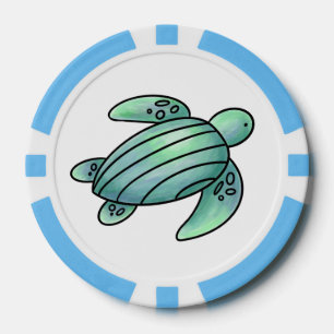 Fichas De Póquer tortuga marina pintada con acuarela azul verde de 