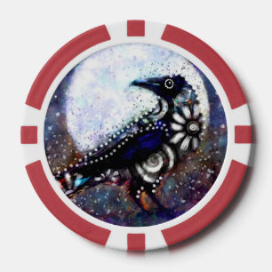 Fichas De Póquer Whimsical Raven Moon Floral Azul Blanco Negro