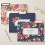 Fichero Patrón floral bohemio - Azul oscuro - Nombre<br><div class="desc">Un conjunto de carpetas de archivos florales con patrones de adorables ramos de flores boho con rosas rojas de coral,  pansies naranjas y margaritas.</div>