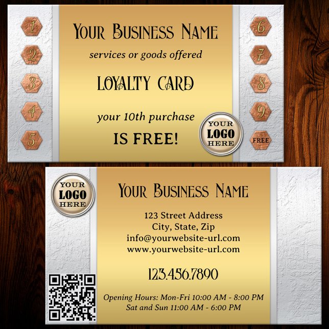 Fidelización Elegante tarjeta de presentación de fidelidad de o (A modern chic loyalty business card featuring a gold image on silver with rose gold punch numbers)