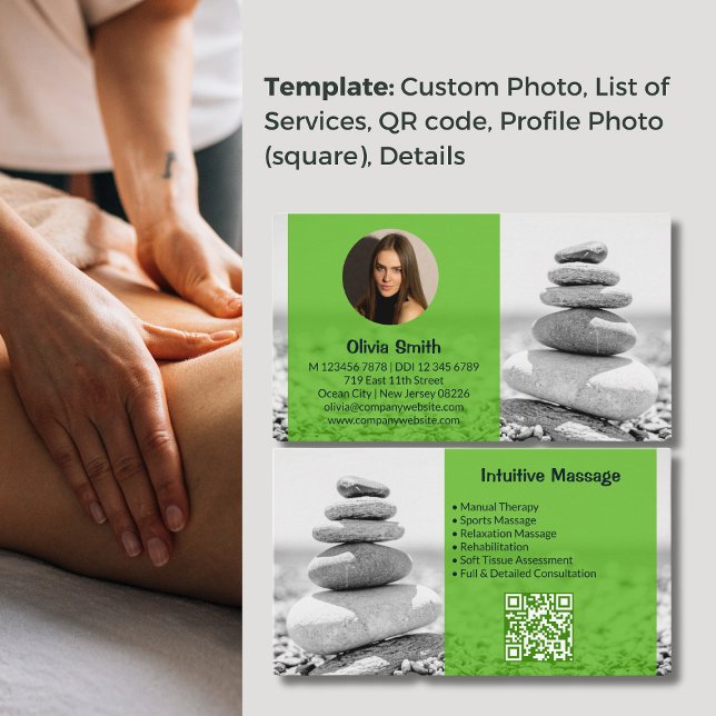 Fidelización Harmony - Tarjeta de presentación Green Massage Th (Harmony - Green Massage Therapist Business Card, Background Photo & Green Overlay, QR code)