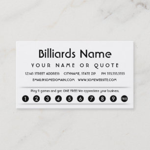 Fidelización tarjeta de apreciación del cliente de billares