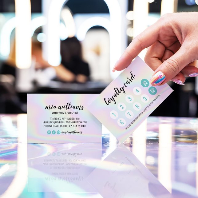 Fidelización Tarjeta de fidelidad de salón de guiones para el c (Holographic makeup hair script salon loyalty card)