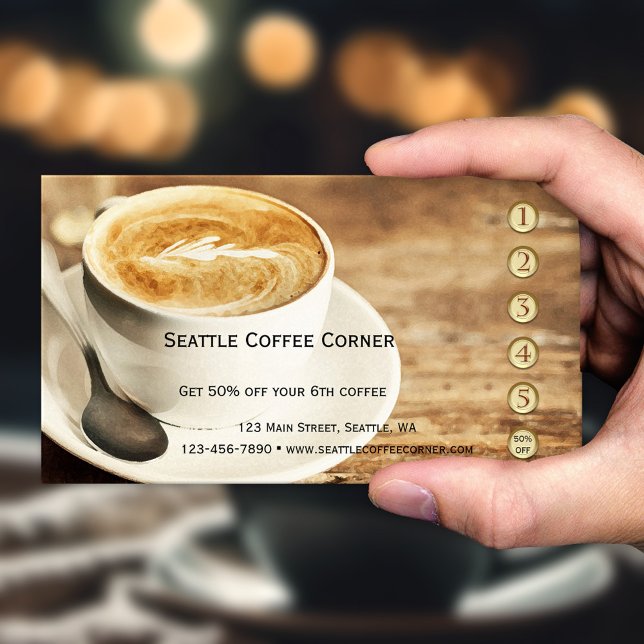 Fidelización Tarjeta de lealtad de café rústico con perforacion (Loyalty business card with gold and rose gold stylized punch numbers and rustic watercolor coffee)