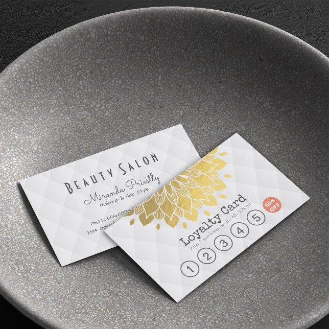 Fidelización Tarjeta de Lealtad Dorada Floral Cuero Blanco Maqu (Subido por el creador)