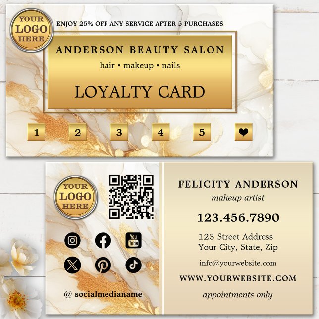 Fidelización Tarjeta de presentación de Lealtad de Oro Artístic (Loyalty business card featuring your own logo on an elegant artistic gold design - beauty salon )